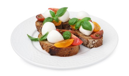Photo of Tasty sandwiches with mozzarella cheese, tomatoes and basil isolated on white