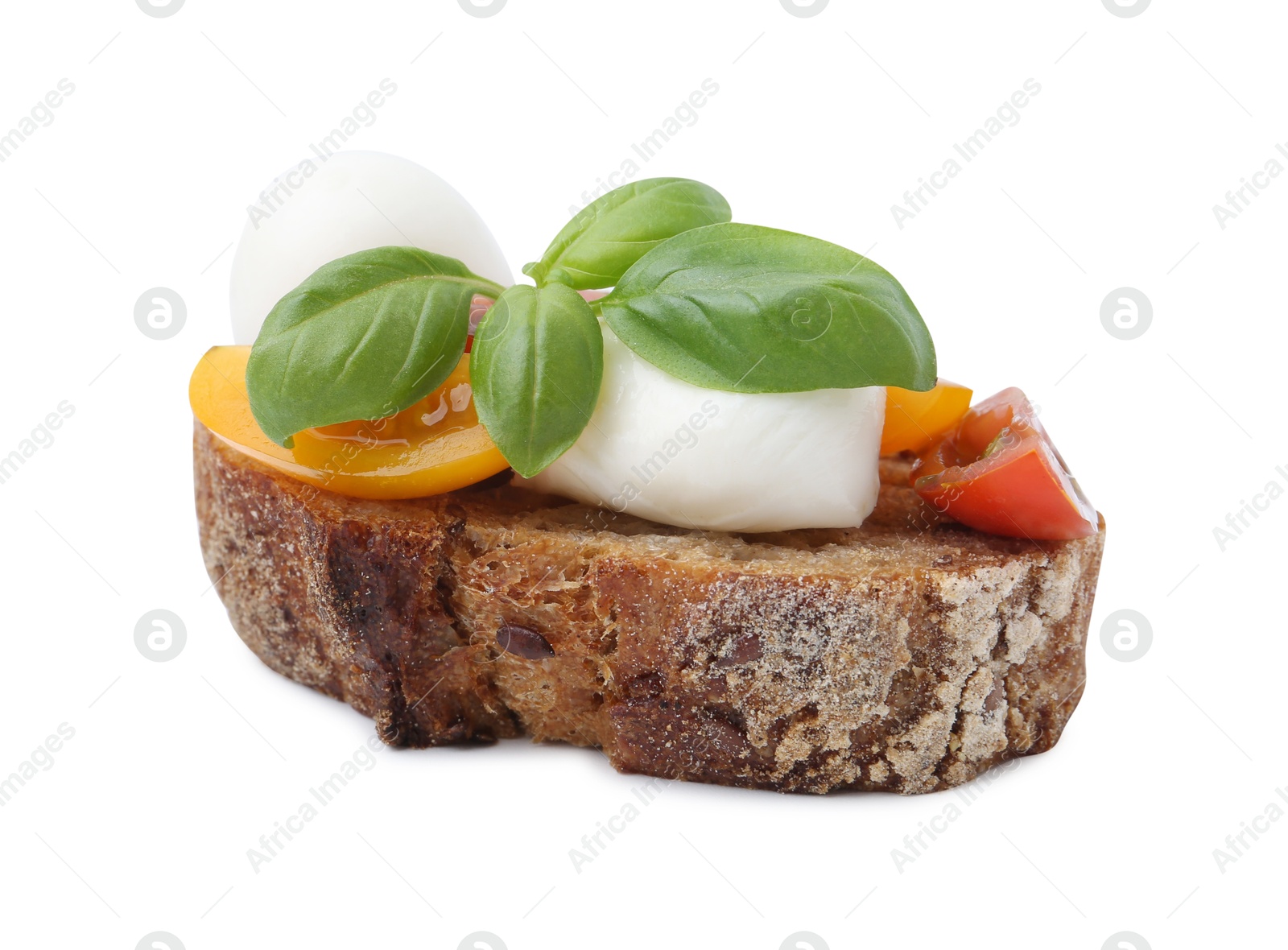 Tasty sandwich with mozzarella cheese, tomatoes and basil isolated on white Photo of Tasty sandwich with mozzarella cheese, tomatoes and basil isolated on white