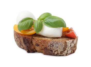 Photo of Tasty sandwich with mozzarella cheese, tomatoes and basil isolated on white