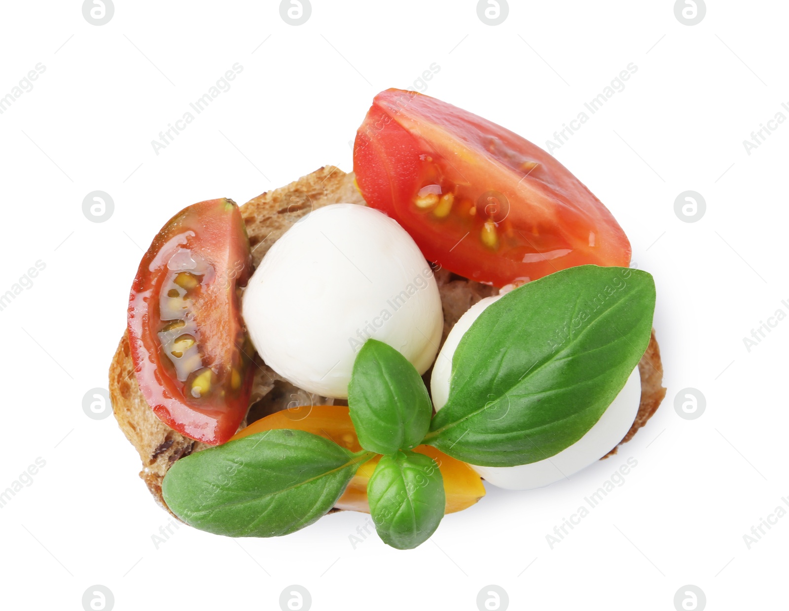 Tasty sandwich with mozzarella cheese, tomatoes and basil isolated on white, top view Photo of Tasty sandwich with mozzarella cheese, tomatoes and basil isolated on white, top view