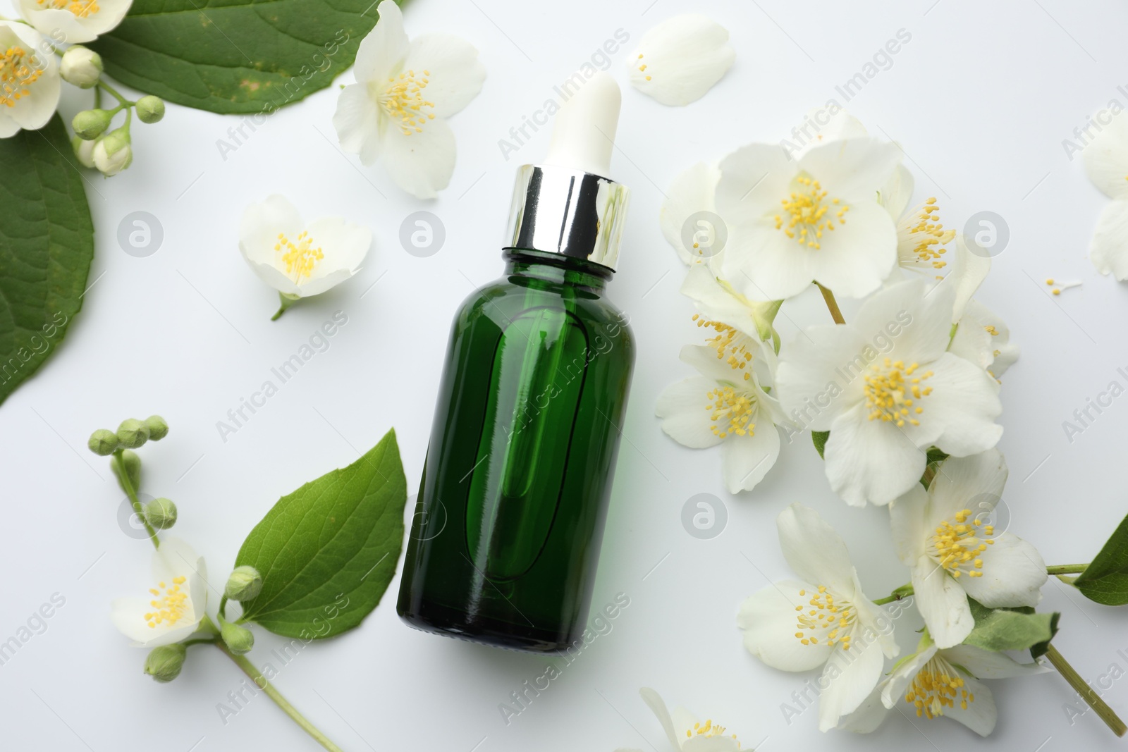 Essential oil, jasmine flowers and green leaves on white background, flat lay Photo of Essential oil, jasmine flowers and green leaves on white background, flat lay