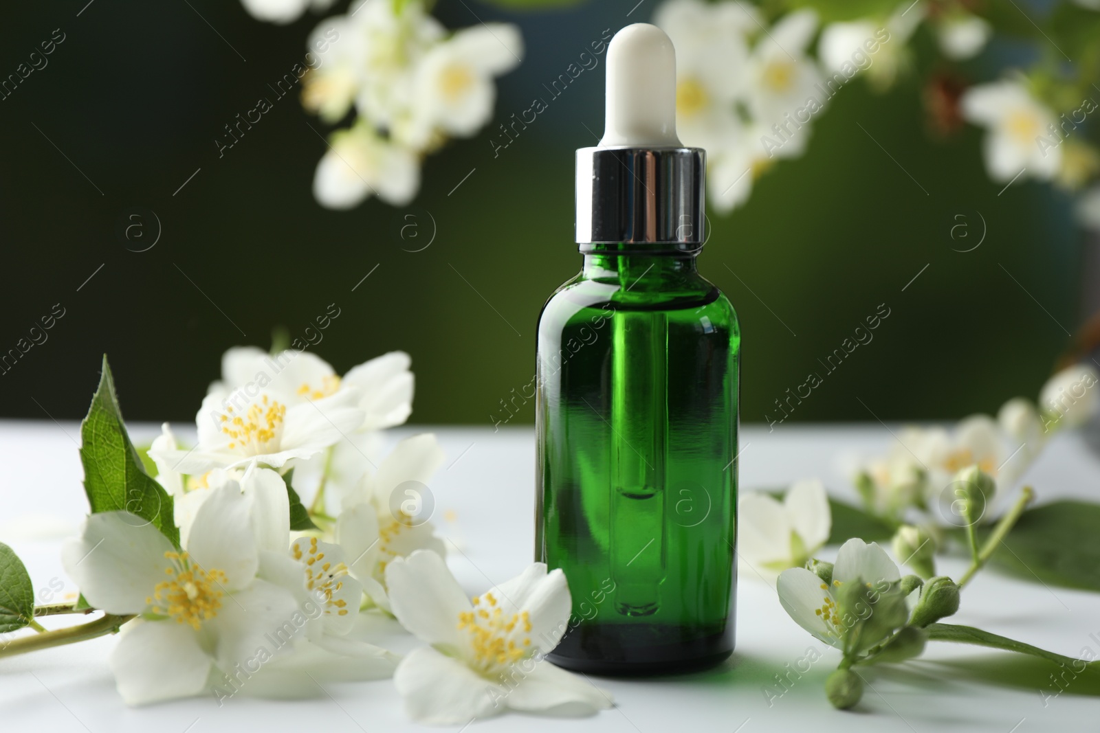 Essential oil and jasmine flowers on white table against blurred background, closeup Photo of Essential oil and jasmine flowers on white table against blurred background, closeup