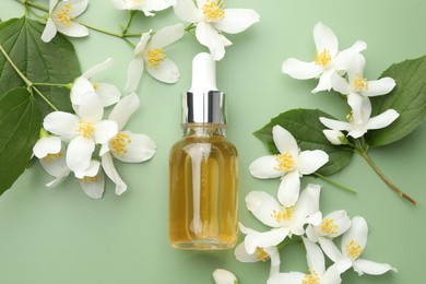 Photo of Essential oil and beautiful jasmine flowers on green background, flat lay