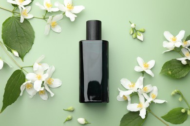 Photo of Bottle of perfume, beautiful jasmine flowers and leaves on green background, flat lay