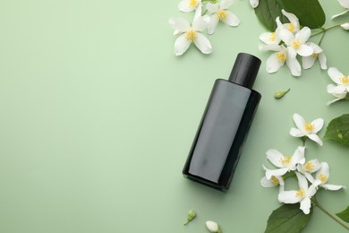 Photo of Bottle of perfume, beautiful jasmine flowers and leaves on green background, flat lay. Space for text