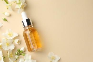 Photo of Essential oil and beautiful jasmine flowers on beige background, flat lay. Space for text