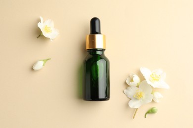 Photo of Essential oil and beautiful jasmine flowers on beige background, flat lay