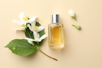 Photo of Bottle of perfume, beautiful jasmine flowers and green leaves on beige background, flat lay