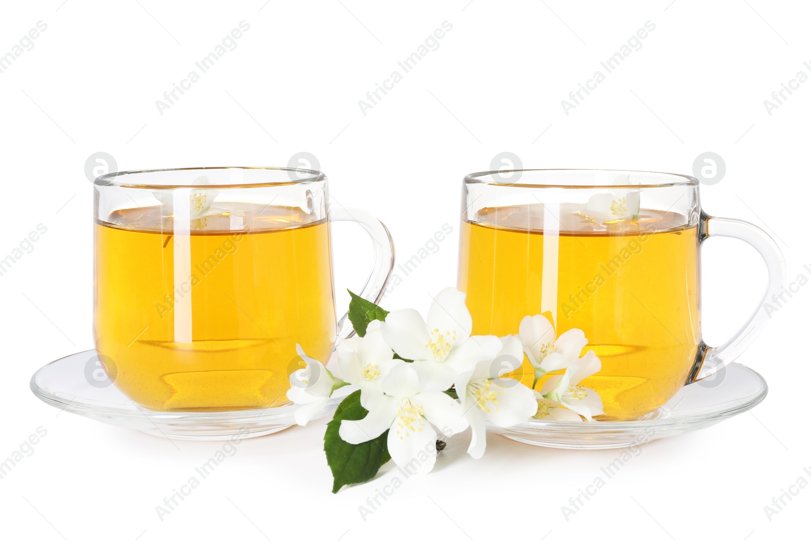 Aromatic jasmine tea in glass cups, flowers and green leaves isolated on white Photo of Aromatic jasmine tea in glass cups, flowers and green leaves isolated on white