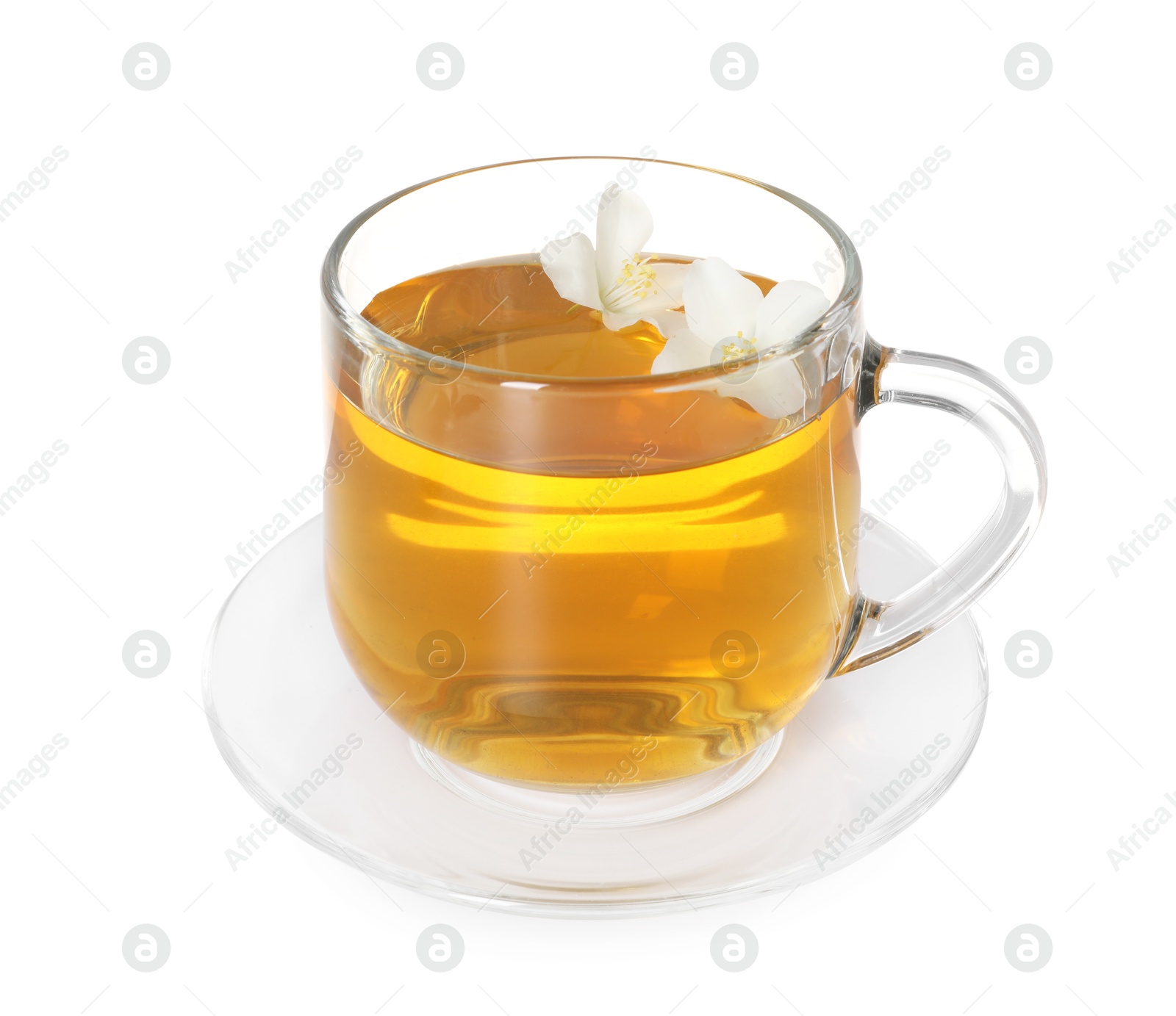 Aromatic jasmine tea in glass cup and flowers isolated on white Photo of Aromatic jasmine tea in glass cup and flowers isolated on white