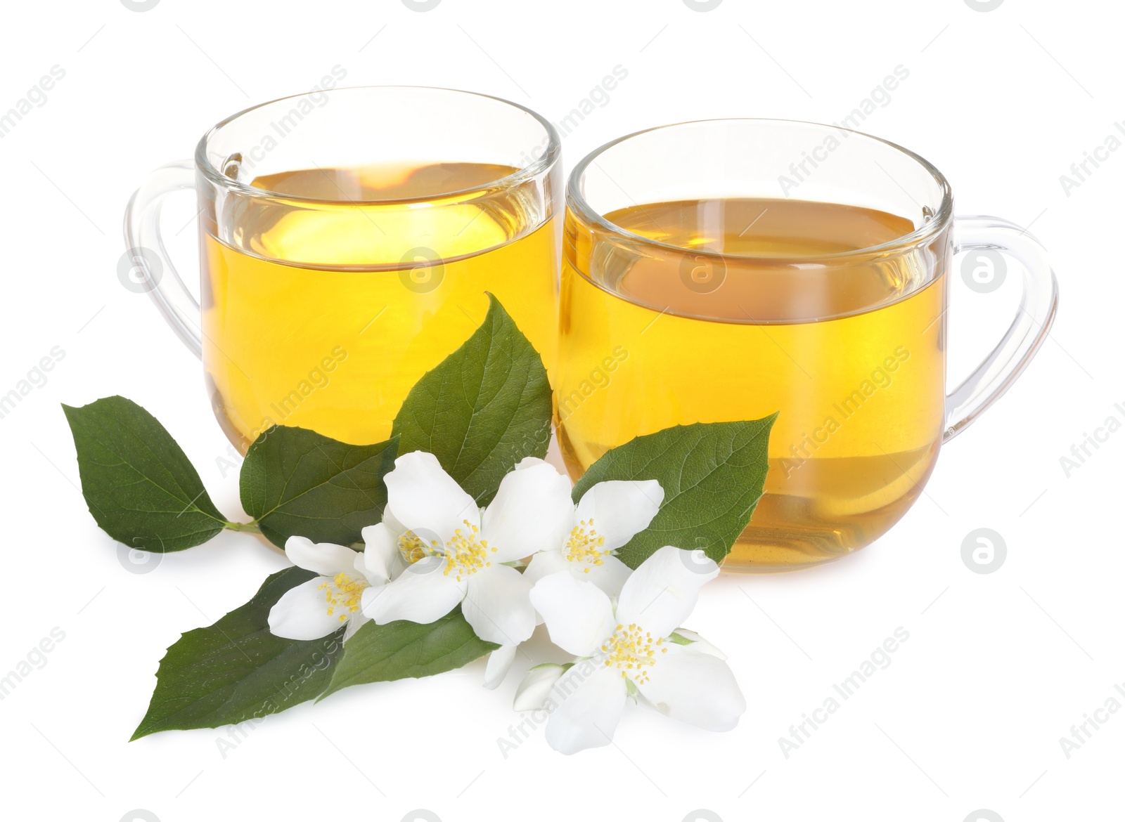 Aromatic jasmine tea in glass cups, flowers and green leaves isolated on white Photo of Aromatic jasmine tea in glass cups, flowers and green leaves isolated on white