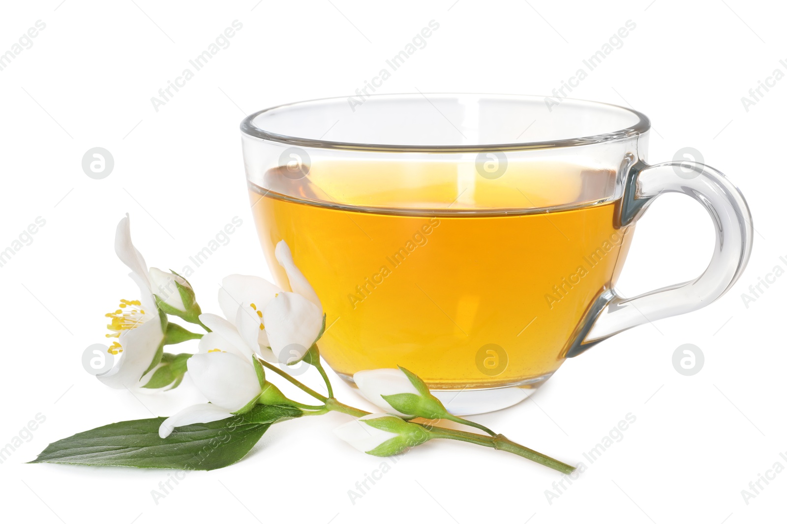 Aromatic jasmine tea in glass cup and flowers isolated on white Photo of Aromatic jasmine tea in glass cup and flowers isolated on white