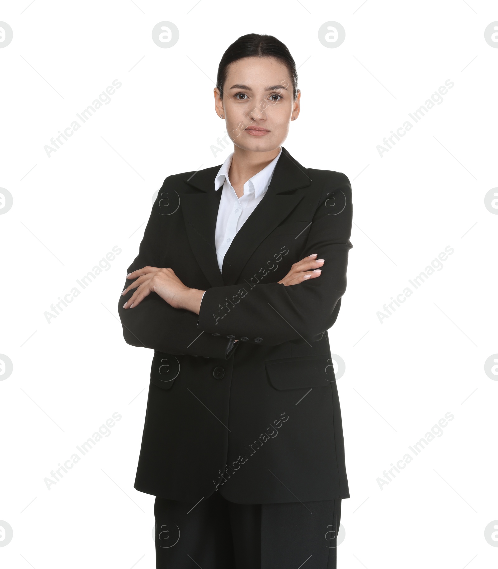 Confident business woman in suit on white background Photo of Confident business woman in suit on white background
