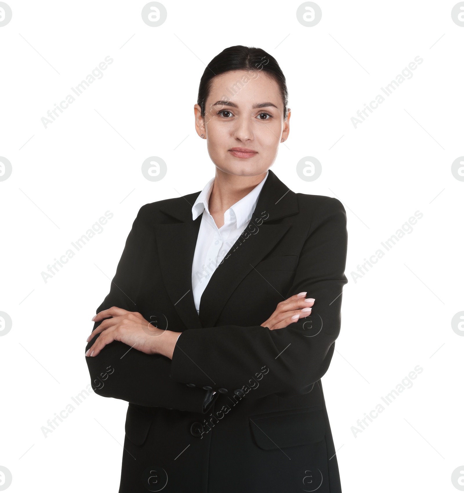 Confident business woman in suit on white background Photo of Confident business woman in suit on white background