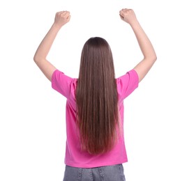 Photo of Sports fan on white background, back view