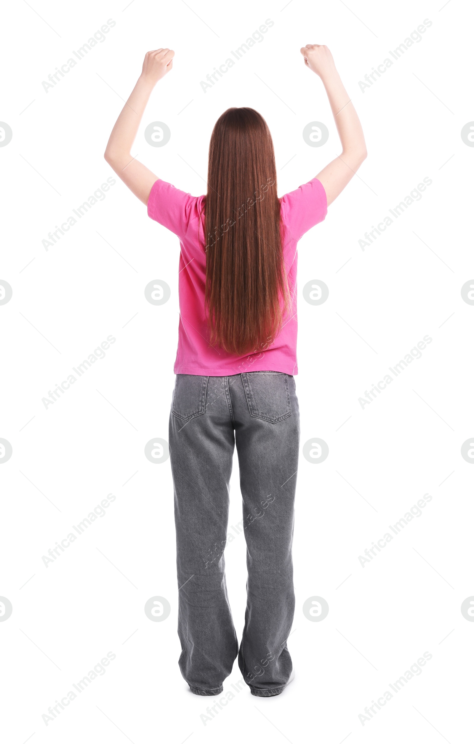 Sports fan on white background, back view Photo of Sports fan on white background, back view