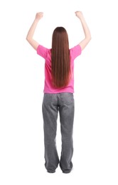 Photo of Sports fan on white background, back view