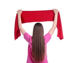 Photo of Sports fan with red flag on white background, back view