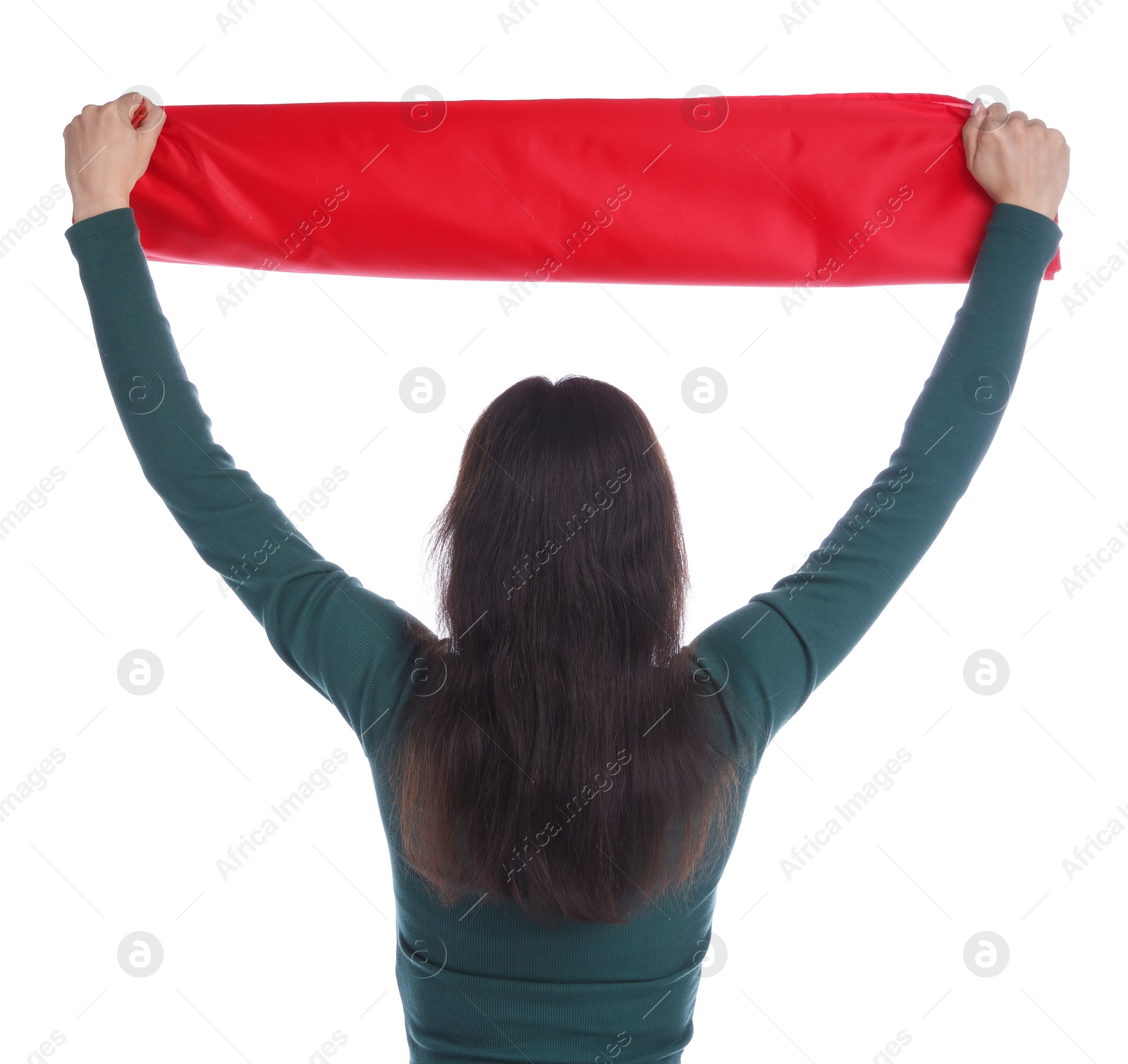 Sports fan with red flag on white background, back view Photo of Sports fan with red flag on white background, back view
