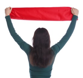 Photo of Sports fan with red flag on white background, back view