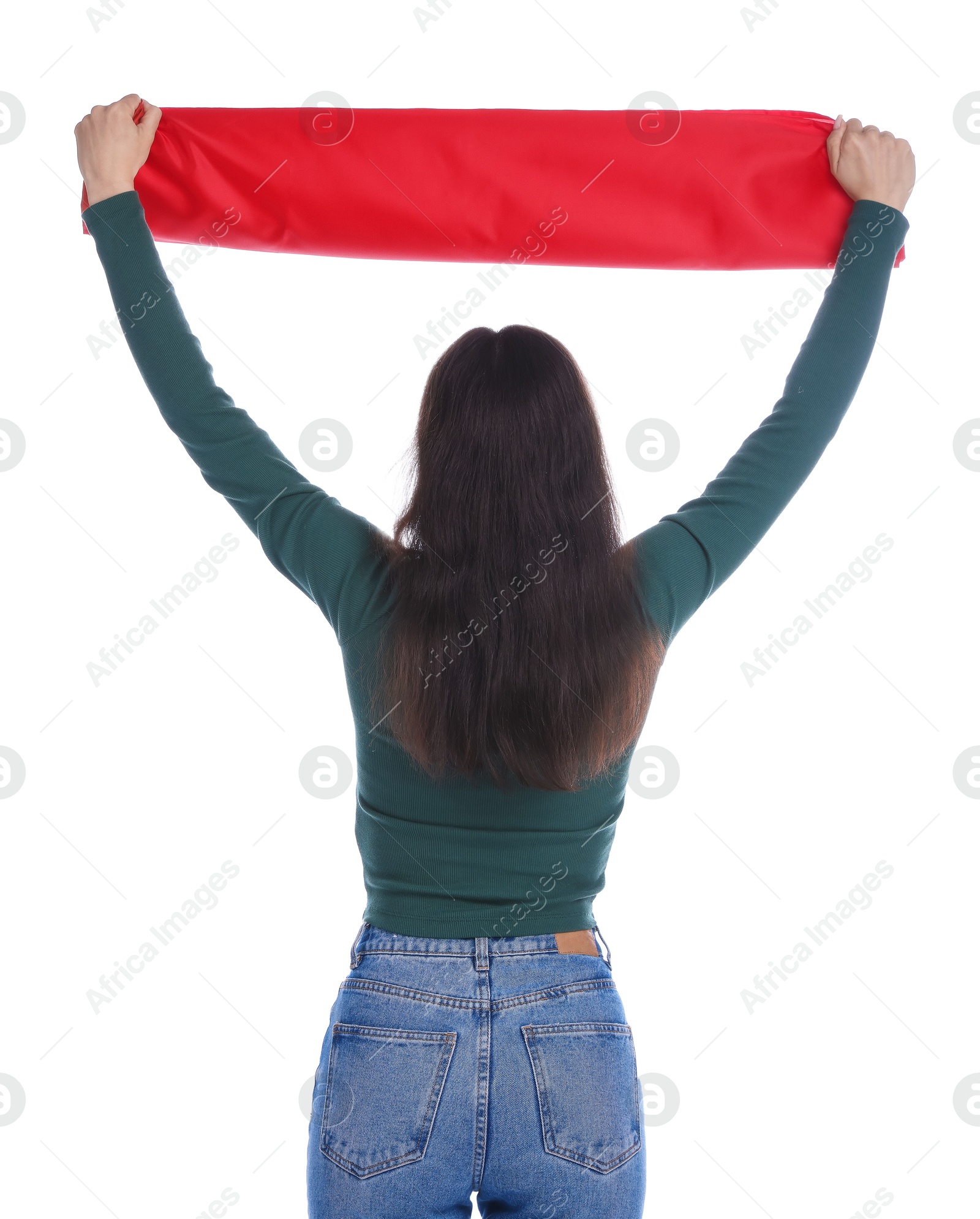 Sports fan with red flag on white background, back view Photo of Sports fan with red flag on white background, back view
