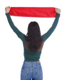 Photo of Sports fan with red flag on white background, back view