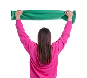 Photo of Sports fan with green flag on white background, back view