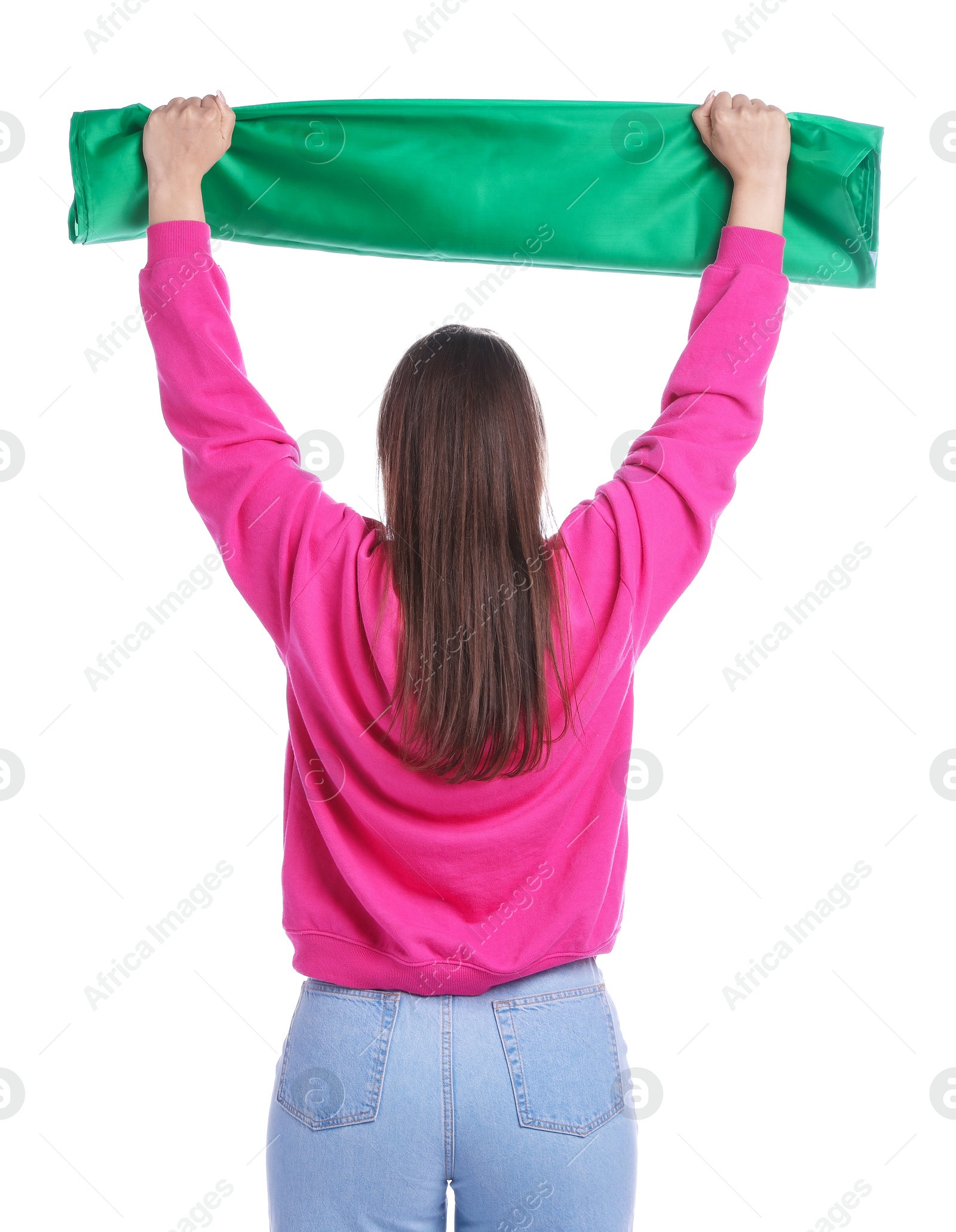 Sports fan with green flag on white background, back view Photo of Sports fan with green flag on white background, back view