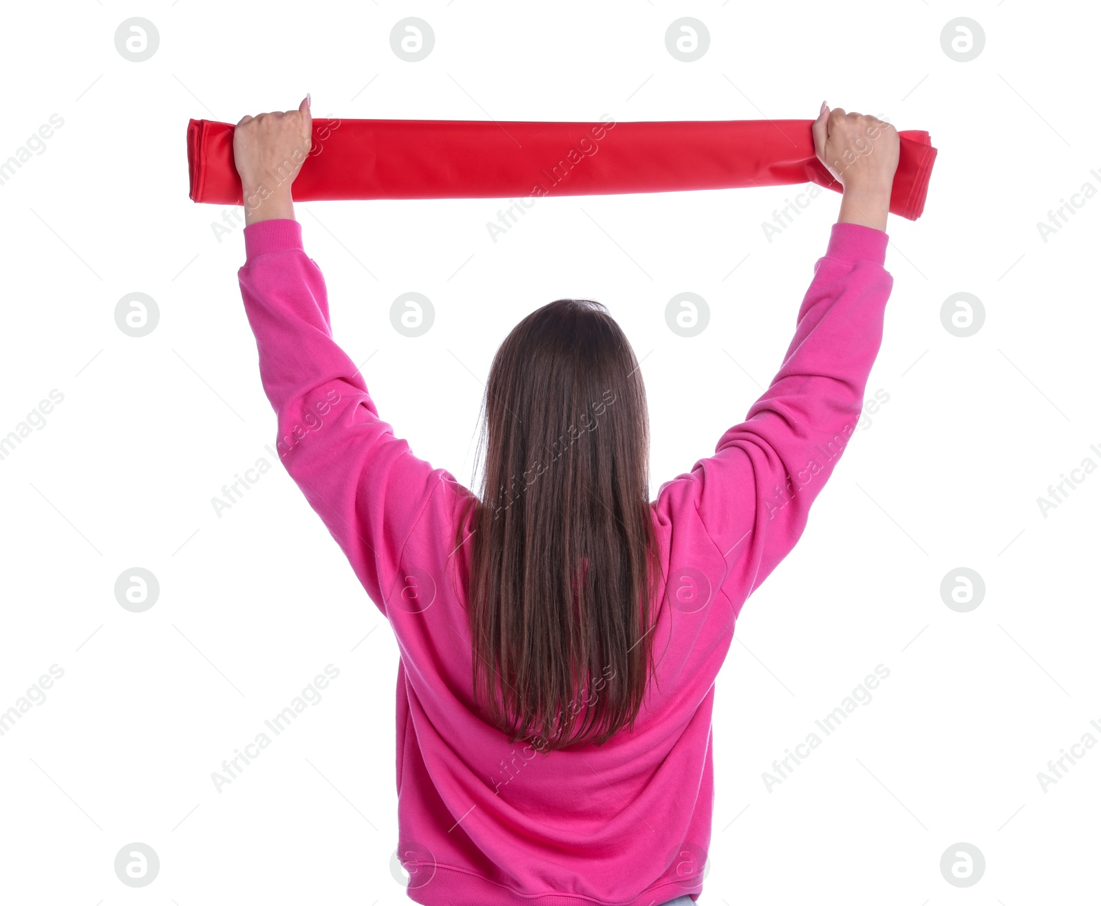 Sports fan with red flag on white background, back view Photo of Sports fan with red flag on white background, back view