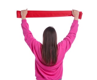 Photo of Sports fan with red flag on white background, back view