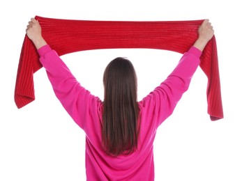Photo of Sports fan with red flag on white background, back view