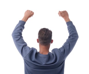 Photo of Sports fan on white background, back view