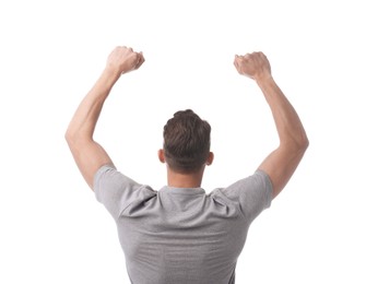 Photo of Sports fan on white background, back view