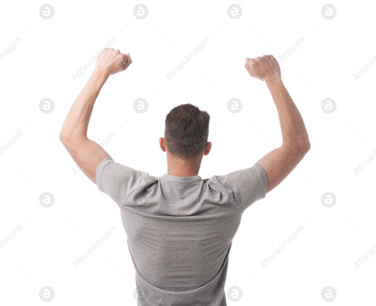 Sports fan on white background, back view Photo of Sports fan on white background, back view