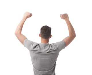 Photo of Sports fan on white background, back view