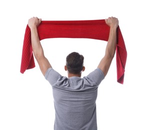Photo of Sports fan with red flag on white background, back view