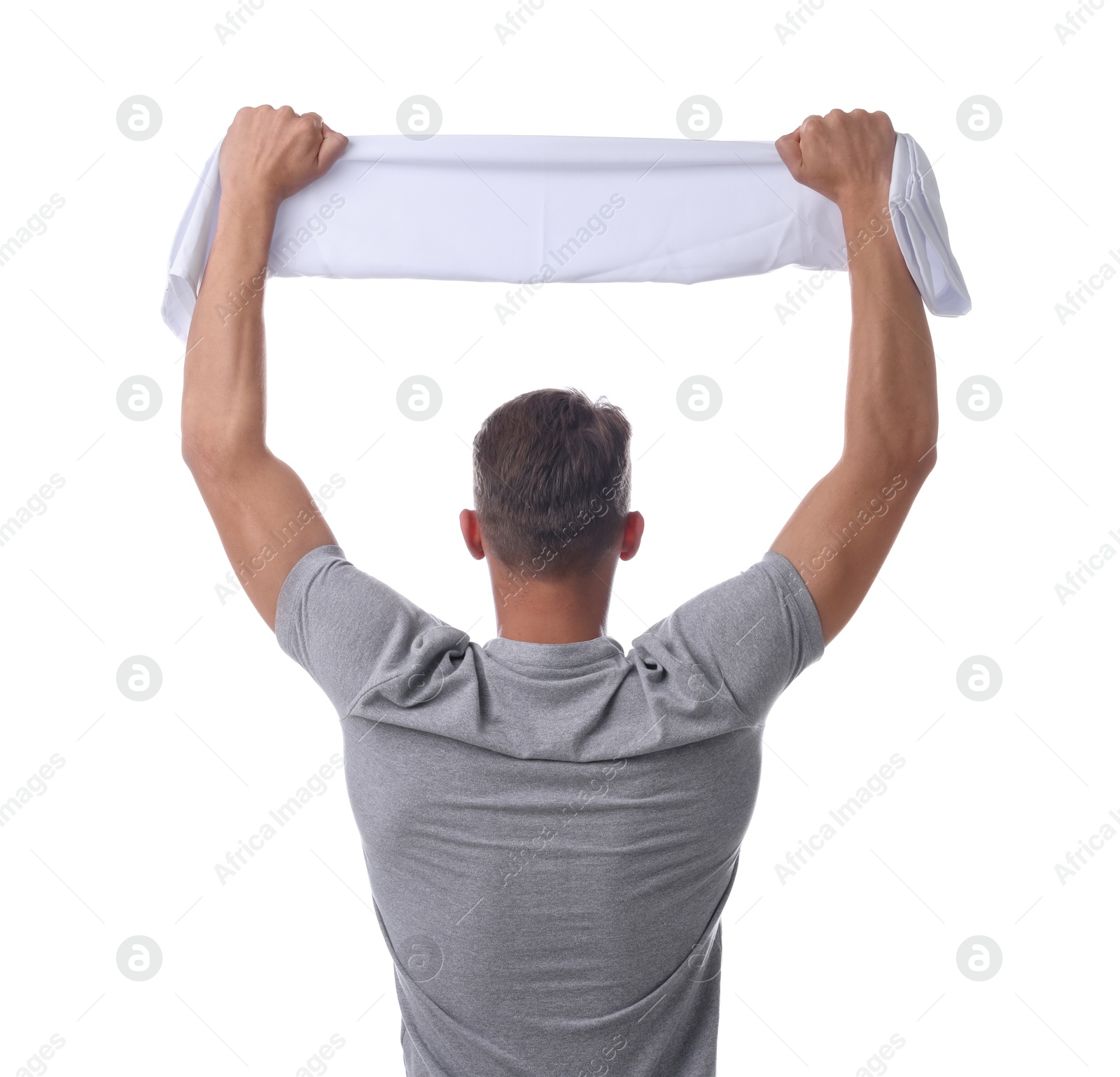 Sports fan with flag on white background, back view Photo of Sports fan with flag on white background, back view