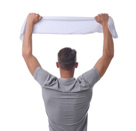 Photo of Sports fan with flag on white background, back view