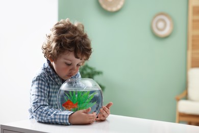 Photo of Cute little boy looking at gold fish in aquarium at white table indoors, space for text