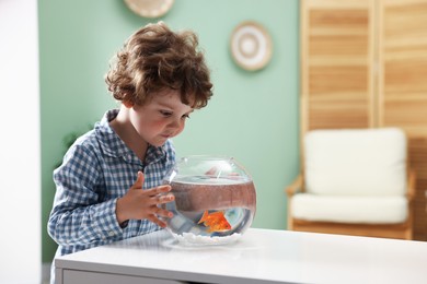 Photo of Cute little boy looking at gold fish in aquarium at white table indoors, space for text
