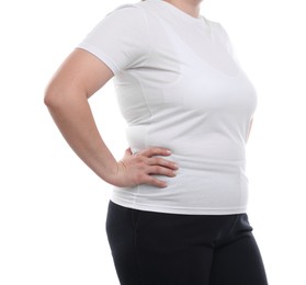 Photo of Weight loss. Plus size woman on white background, closeup