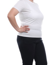 Photo of Weight loss. Plus size woman on white background, closeup