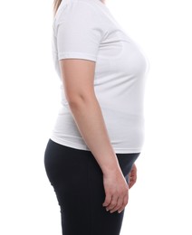 Photo of Weight loss. Plus size woman on white background, closeup