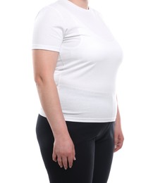 Photo of Weight loss. Plus size woman on white background, closeup