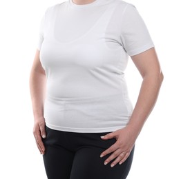Photo of Weight loss. Plus size woman on white background, closeup