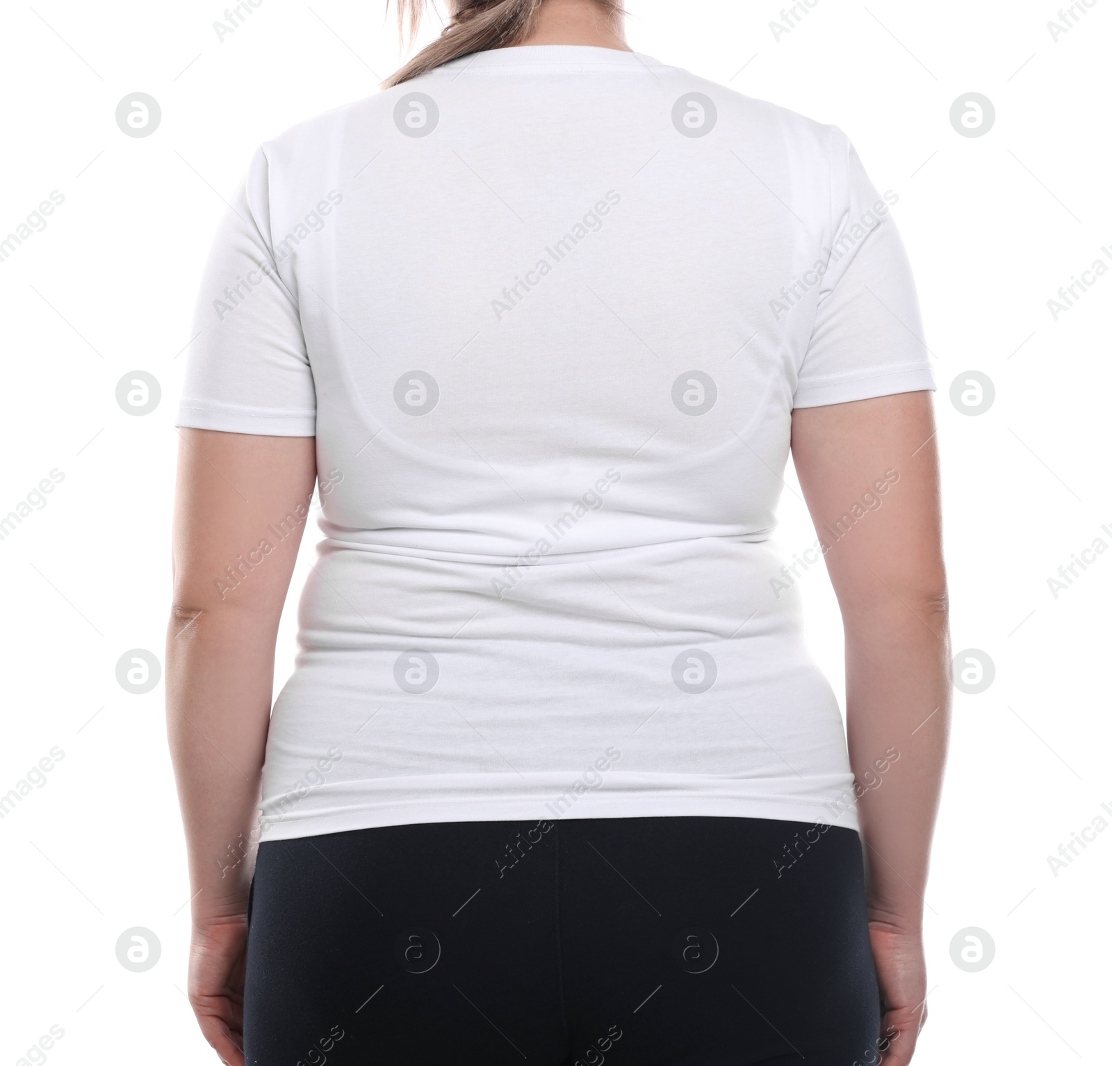 Weight loss. Plus size woman on white background, closeup Photo of Weight loss. Plus size woman on white background, closeup