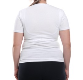 Photo of Weight loss. Plus size woman on white background, closeup