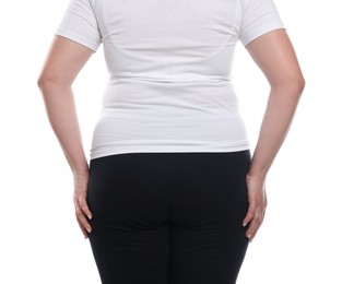 Photo of Weight loss. Plus size woman on white background, closeup