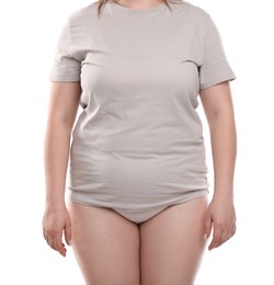 Photo of Weight loss. Plus size woman on white background, closeup