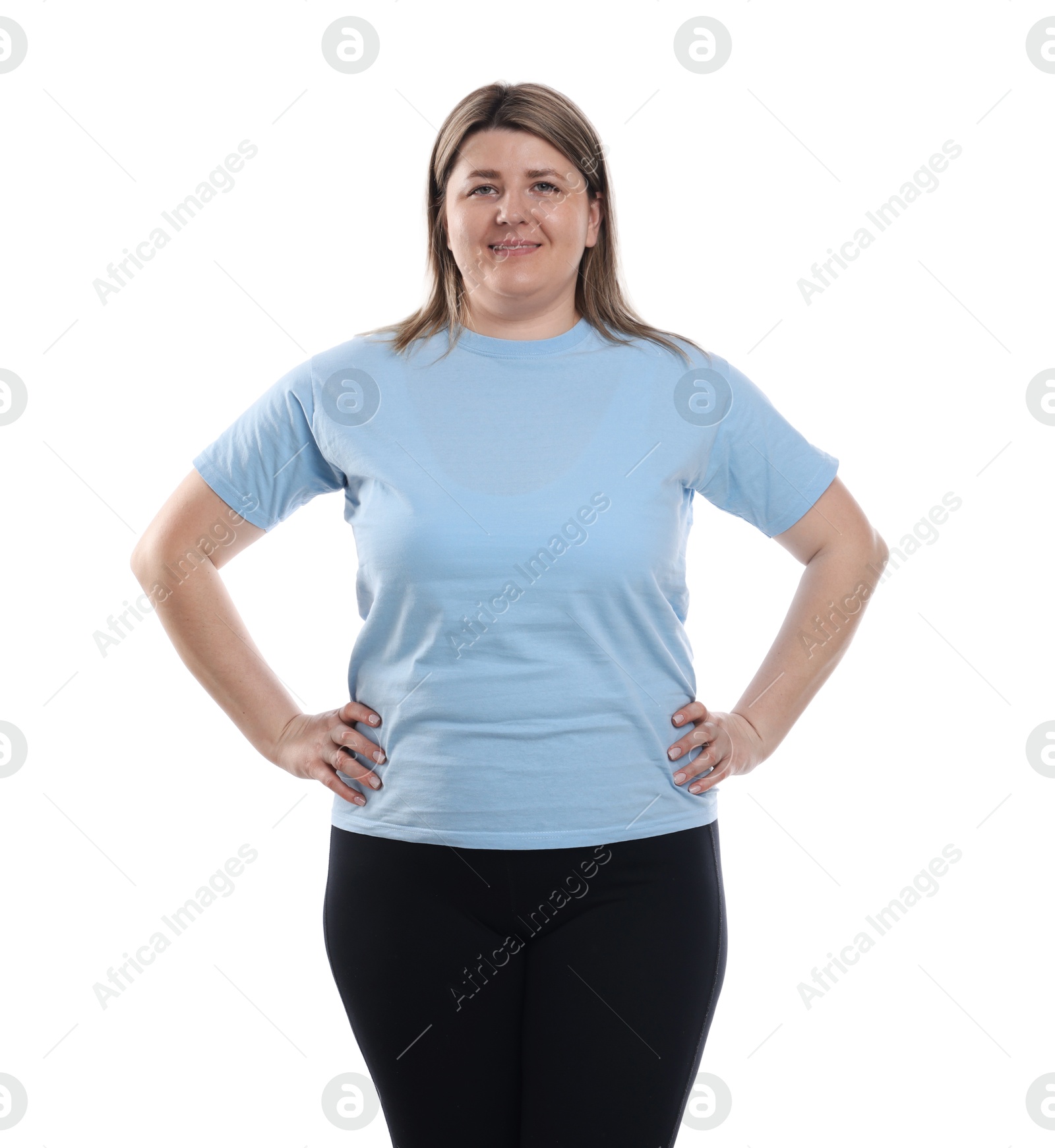 Weight loss. Plus size woman on white background Photo of Weight loss. Plus size woman on white background
